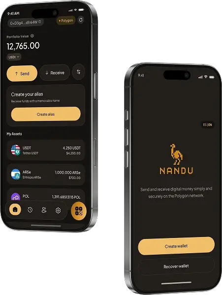 Nandu app: wallet balance and onboarding screens