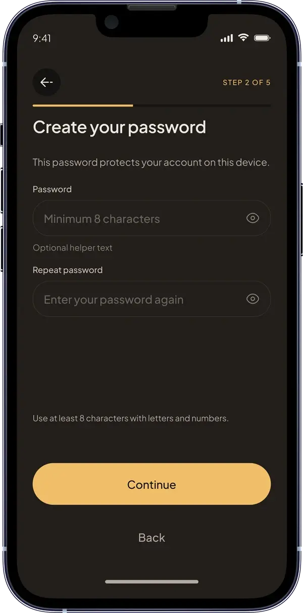 Nandu app: setting a password while creating a wallet